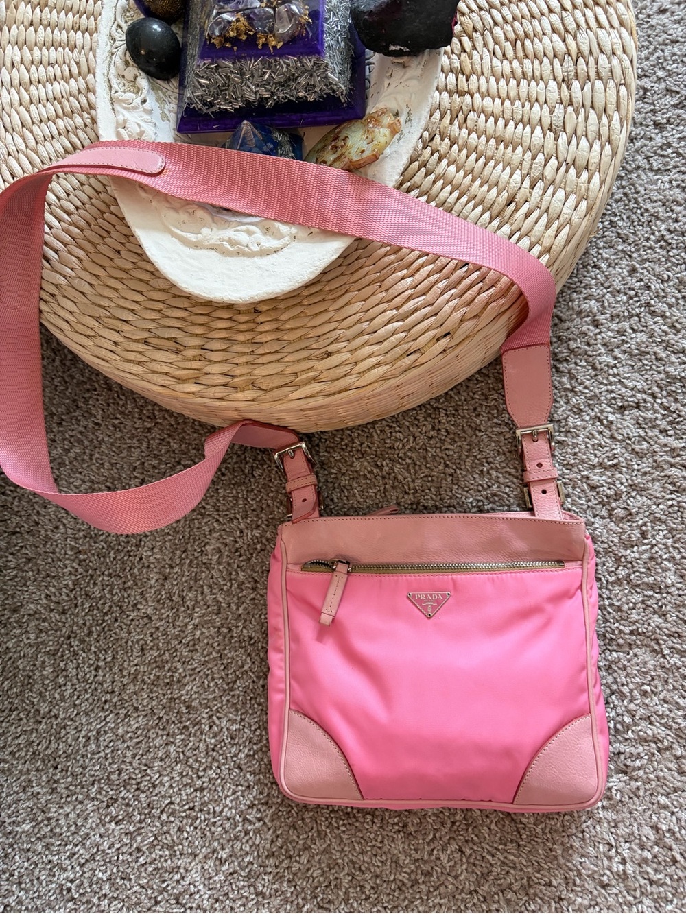 PRADA - “AUTHENTIC” Pink Nylon Crossbody Shoulder Bag with Leather Trim
